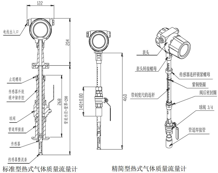 氢气热式气体质量流量计插入式结构尺寸图